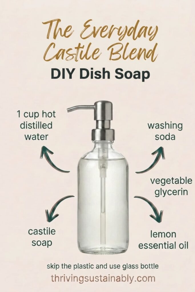 Homemade dish soap recipe card for an everyday castile blend in a glass pump bottle with distilled water, washing soda, castile soap, and vegetable glycerin