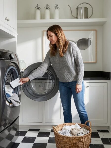 A woman dropping a laundry detergent sheet into an open front-loading washing machine in a bright white laundry room.