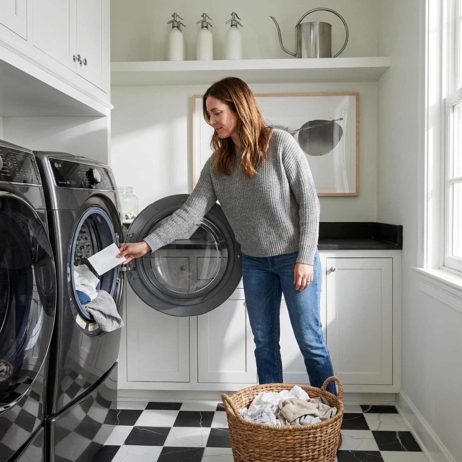 A woman dropping a laundry detergent sheet into an open front-loading washing machine in a bright white laundry room.