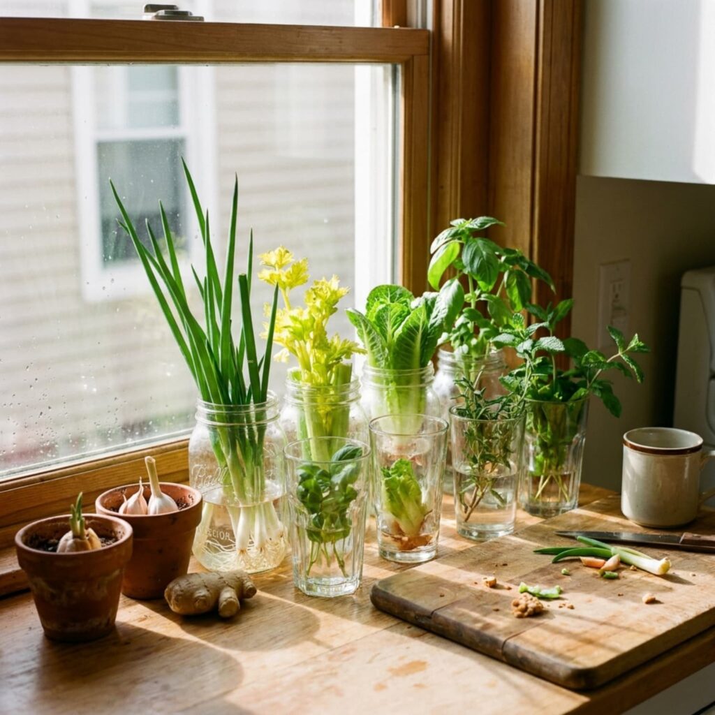 Kitchen windowsill with green onions, celery, romaine lettuce, basil, and mint regrowing from scraps in glass jars and cups of water, with garlic bulbs sprouting in small terracotta pots nearby.