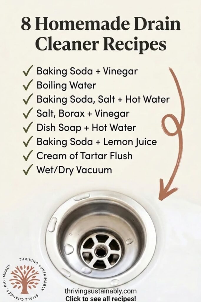 Cream infographic pin titled 8 Homemade Drain Cleaner Recipes with a green checkmark list of natural recipes like baking soda and vinegar, boiling water, and dish soap, above a stainless steel kitchen sink drain with a hand-painted arrow pointing down.