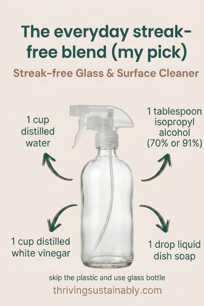 Recipe card for the everyday streak-free window cleaner in a glass spray bottle: distilled water, white vinegar, isopropyl alcohol, and dish soap