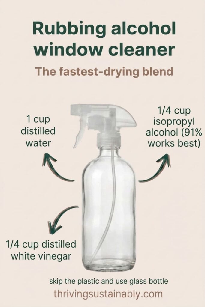 Recipe card for rubbing alcohol window cleaner in a glass spray bottle: distilled water, white vinegar, and isopropyl alcohol