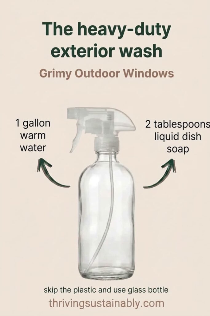 Recipe card for a heavy-duty exterior window wash: warm water and liquid dish soap