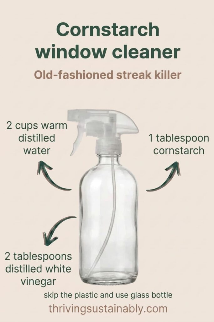 Recipe card for cornstarch window cleaner in a glass spray bottle: warm distilled water, white vinegar, and cornstarch