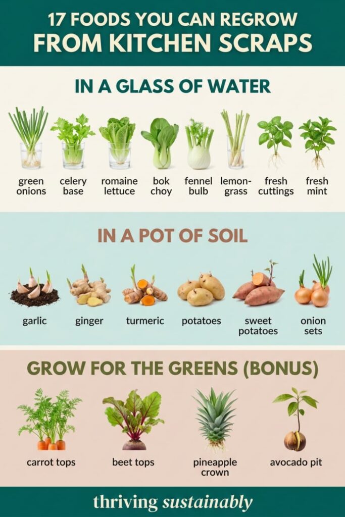 Infographic titled "17 Foods You Can Regrow From Kitchen Scraps" grouped into three sections, in a glass of water, in a pot of soil, and grow for the greens, with a photo and label for each food.