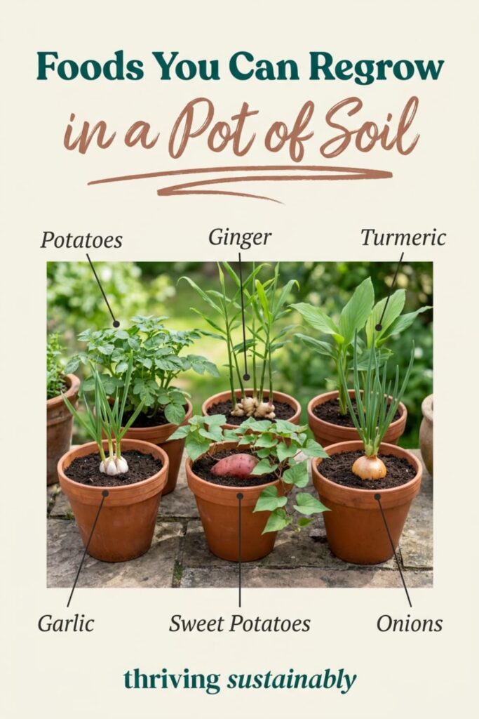Infographic titled "Foods You Can Regrow in a Pot of Soil" showing garlic, potatoes, sweet potatoes, ginger, turmeric, and onions sprouting in terracotta pots in an outdoor garden.