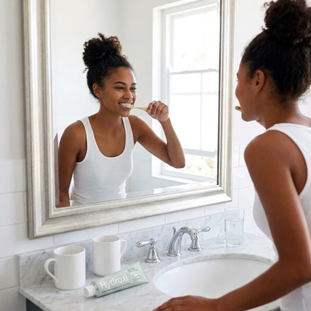 A woman in a white tank top brushes her teeth with a bamboo toothbrush at a bright bathroom mirror, with a tube of Davids Hydroxi hydroxyapatite toothpaste on the white marble vanity beside a glass of water