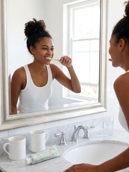 A woman in a white tank top brushes her teeth with a bamboo toothbrush at a bright bathroom mirror, with a tube of Davids Hydroxi hydroxyapatite toothpaste on the white marble vanity beside a glass of water