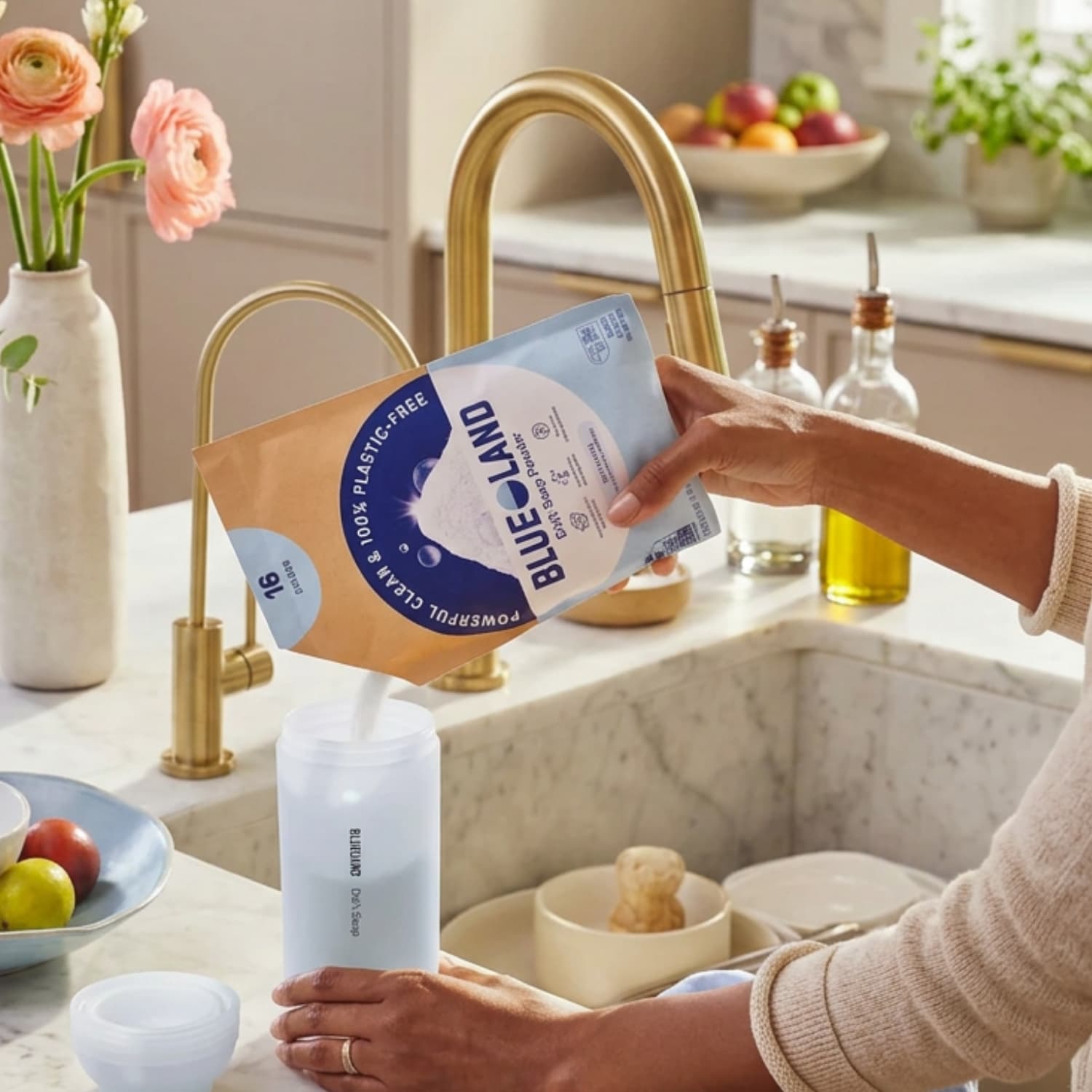 Woman pouring Blueland dishwashing powder into the forever bottle.