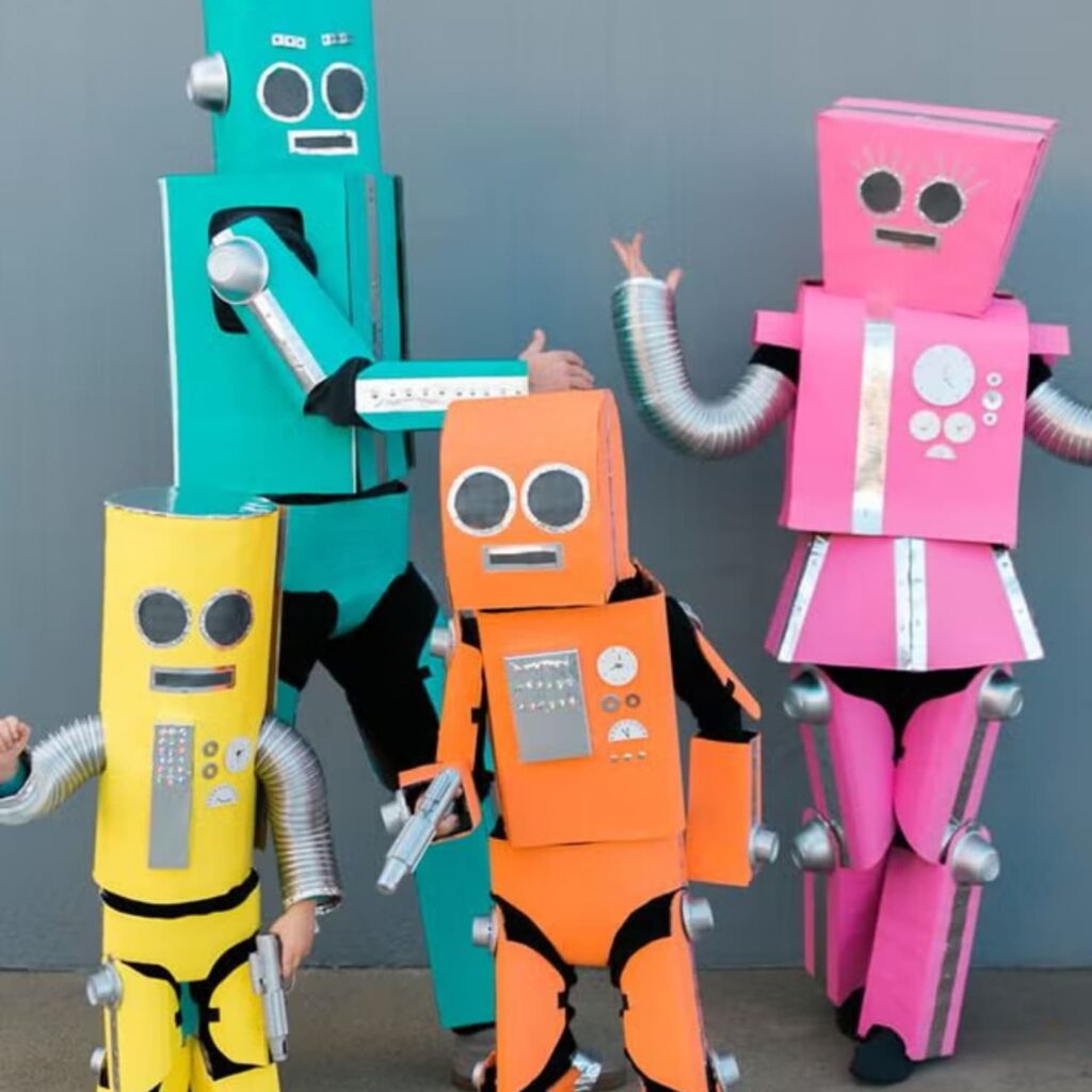 Parents and two kids dressed in DIY robot Halloween costumes