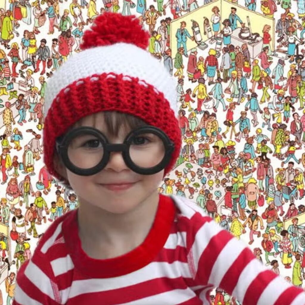 Boy dressed in DIY Halloween Costume Where's Waldo
