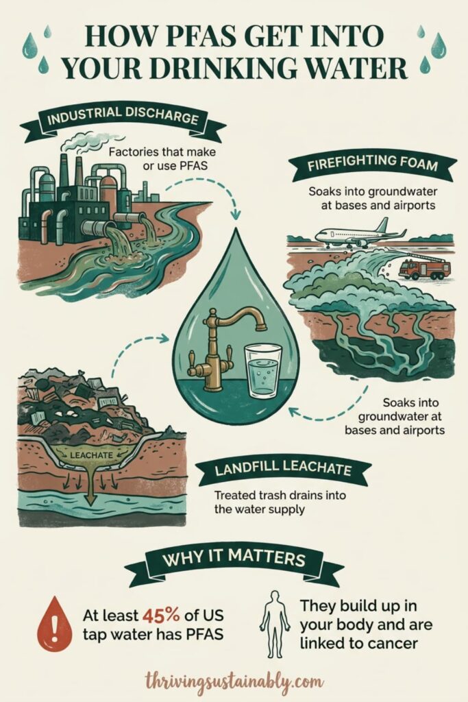 Pinterest infographic titled How PFAS Get Into Your Drinking Water, showing three sources with illustrations, industrial discharge from factories, firefighting foam soaking into groundwater at bases and airports, and landfill leachate draining into the water supply, all flowing into a central water droplet with a faucet and glass, plus a "Why It Matters" section noting at least 45% of US tap water has PFAS and that they build up in the body and are linked to cancer.