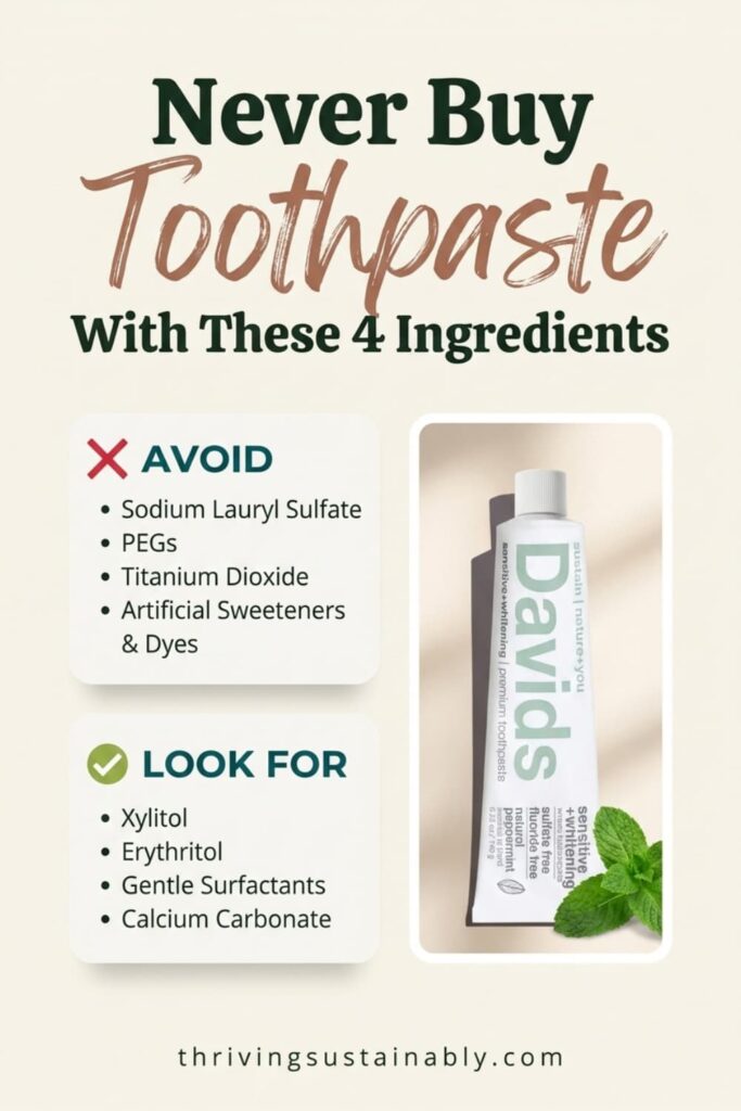Pinterest infographic titled Never Buy Toothpaste With These 4 Ingredients, listing red flags to avoid (sodium lauryl sulfate, PEGs, titanium dioxide, artificial sweeteners and dyes) and gentler ingredients to look for (xylitol, erythritol, gentle surfactants, calcium carbonate), next to a Davids hydroxyapatite toothpaste tube.