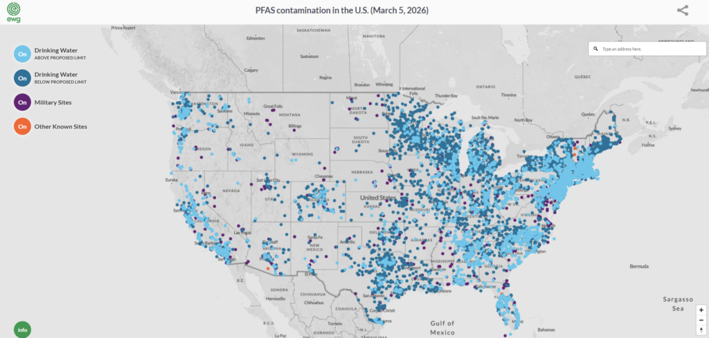 EWG map of PFAS contamination in the US as of March 2026, showing thousands of drinking water sites, military bases, and other known forever chemical sites across the country