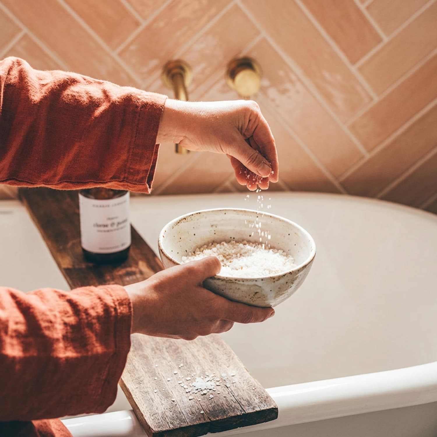 Hands in linen sleeves sprinkling bath salts from a speckled ceramic bowl over a bathtub, a simple self-care ritual
