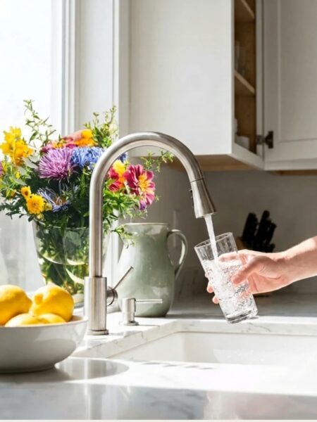 Hand holding a clear glass under a stainless steel kitchen faucet filling it with tap water, beside a bowl of lemons and fresh flowers on a bright white marble counter