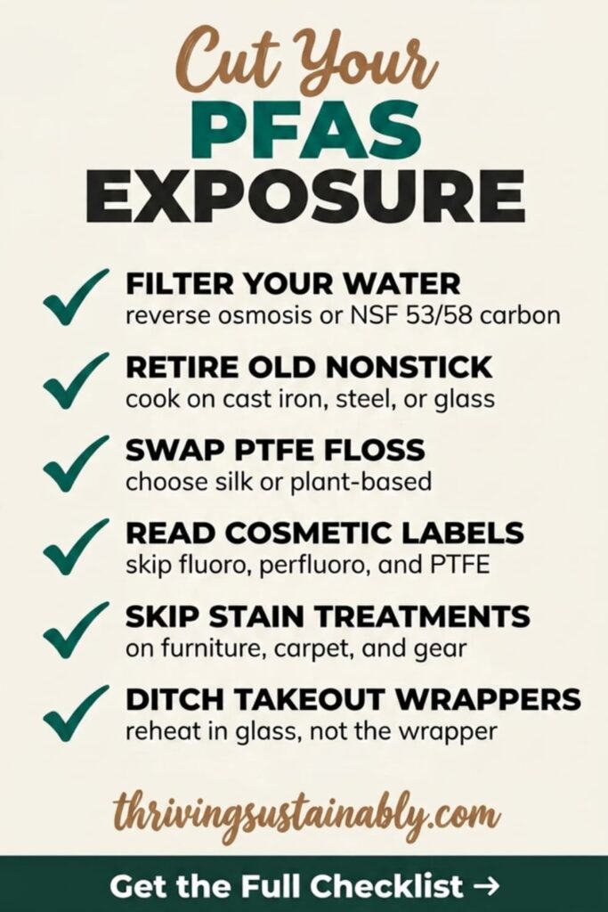 Pinterest infographic titled Cut Your PFAS Exposure, listing six ways to lower PFAS including filtering water with reverse osmosis or NSF 53/58 carbon, retiring old nonstick, swapping PTFE floss for silk or plant-based, reading cosmetic labels for fluoro and PTFE, skipping stain treatments, and ditching takeout wrappers.
