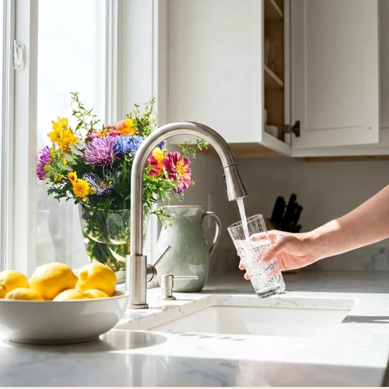Hand holding a clear glass under a stainless steel kitchen faucet filling it with tap water, beside a bowl of lemons and fresh flowers on a bright white marble counter