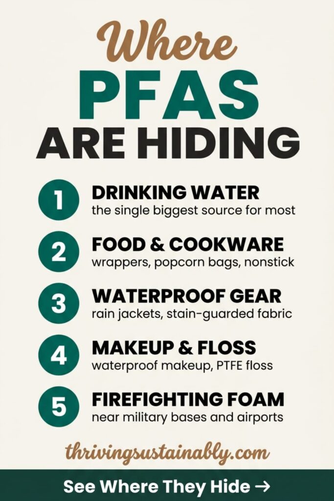 Pinterest infographic titled Where PFAS Are Hiding, numbering five common sources of PFAS exposure: drinking water as the single biggest source, food packaging and cookware, waterproof gear and stain-guarded fabric, waterproof makeup and PTFE dental floss, and firefighting foam near military bases and airports.