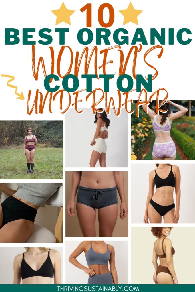 10 organic cotton underwear picks for women shown in a photo collage of briefs, bikinis and boyshorts