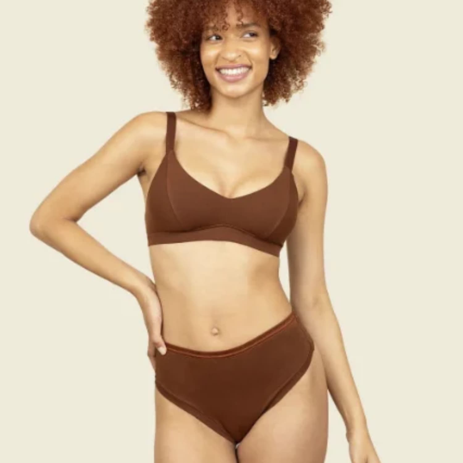 Subset Organic Cotton High-Rise Thong in chocolate brown worn with a matching bralette