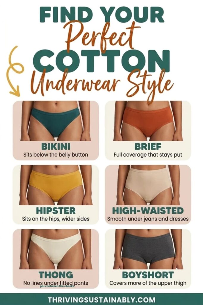 Pinterest infographic titled Find Your Perfect Cotton Underwear Style, showing flat illustrations of six women's cotton underwear cuts, which are bikini, brief, hipster, high-waisted, thong and boyshort, each with a short line on how it fits.