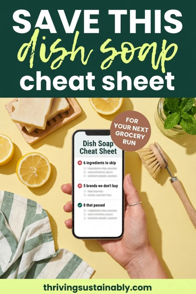 Pinterest pin titled Save This Dish Soap Cheat Sheet, showing a hand holding a phone with a non-toxic dish soap cheat sheet that lists 6 ingredients to skip, 5 brands we don't buy, and 8 that passed, with solid soap bars, sliced lemons, a wooden dish brush and a striped towel on a yellow background.
