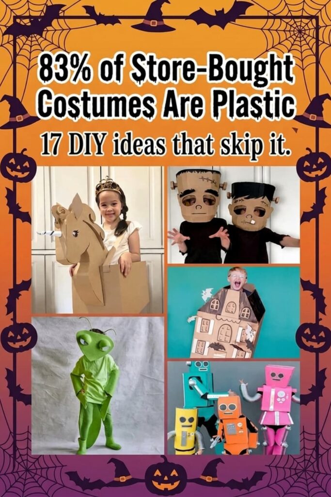 Pinterest pin titled 83% of Store-Bought Costumes Are Plastic, 17 DIY ideas that skip it, showing low-plastic DIY Halloween costumes for kids including a cardboard unicorn, two cardboard Frankenstein masks, a green praying mantis, a cardboard haunted house, and a cardboard robot family, on an orange and purple border with jack-o'-lanterns and bats.