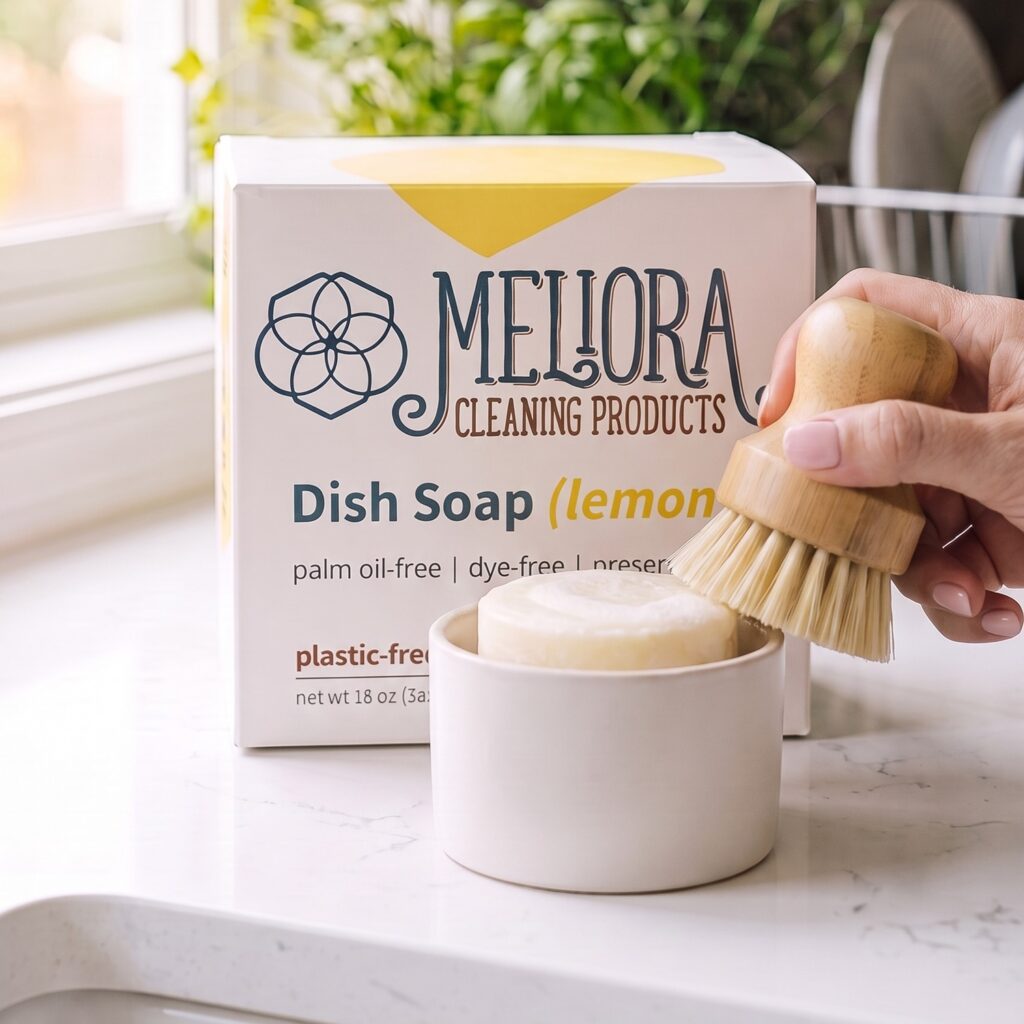 Non-toxic dish soap from Meliora in a white ceramic pot with a wooden dish brush and its box on a kitchen counter