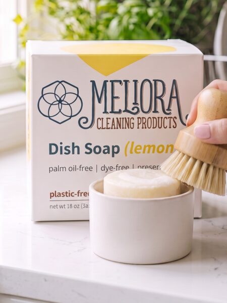 Non-toxic dish soap from Meliora in a white ceramic pot with a wooden dish brush and its box on a kitchen counter
