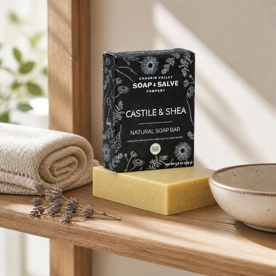 Chagrin Valley Castile and Shea unscented bar soap on a wooden bathroom shelf