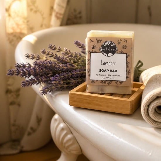 Good Earth Soap lavender bar on a wooden soap dish by the tub