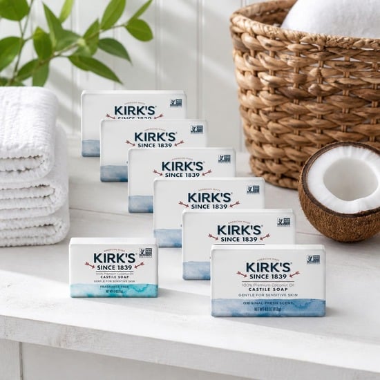 Kirk's Castile Bar Soap cartons on a white bathroom shelf