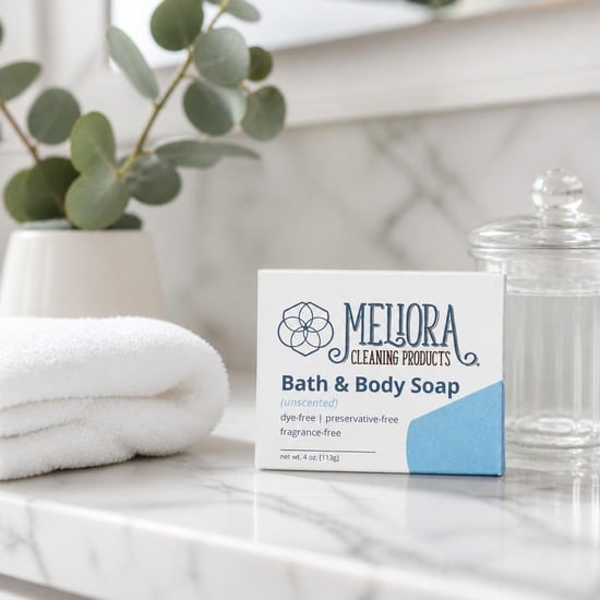 Meliora Bath and Body Soap bar on a marble bathroom counter