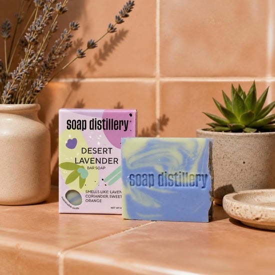 Soap Distillery Desert Lavender bar soap on a terracotta tile shelf
