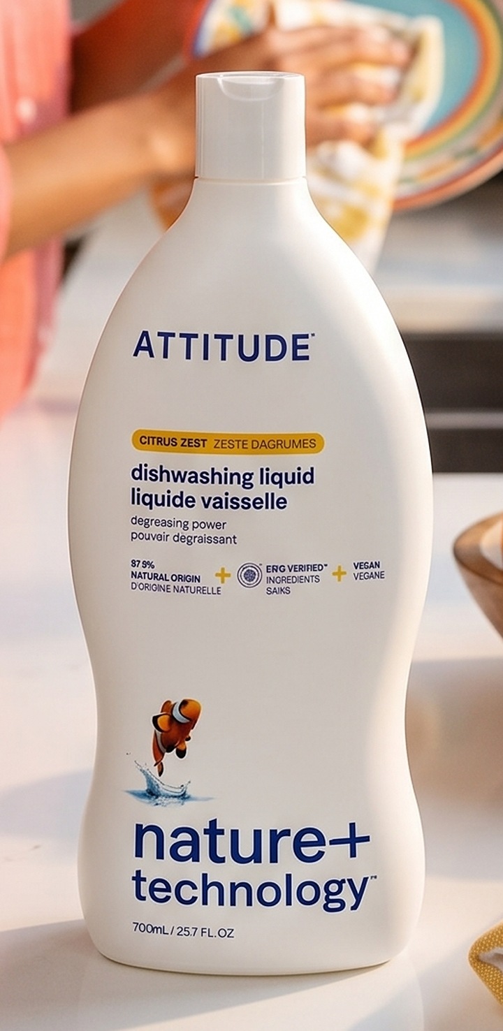 Attitude Citrus Zest dish soap on a kitchen counter with citrus
