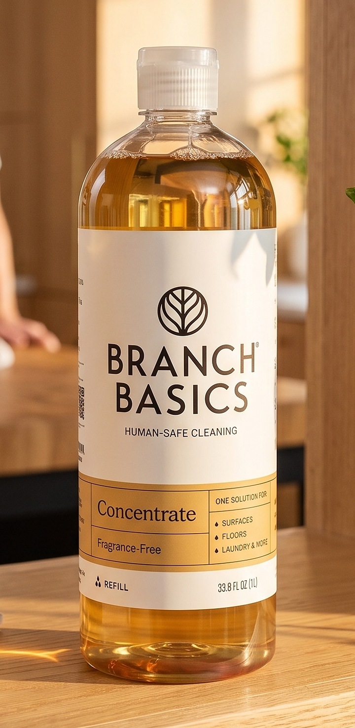 Branch Basics Concentrate bottle on an open kitchen shelf