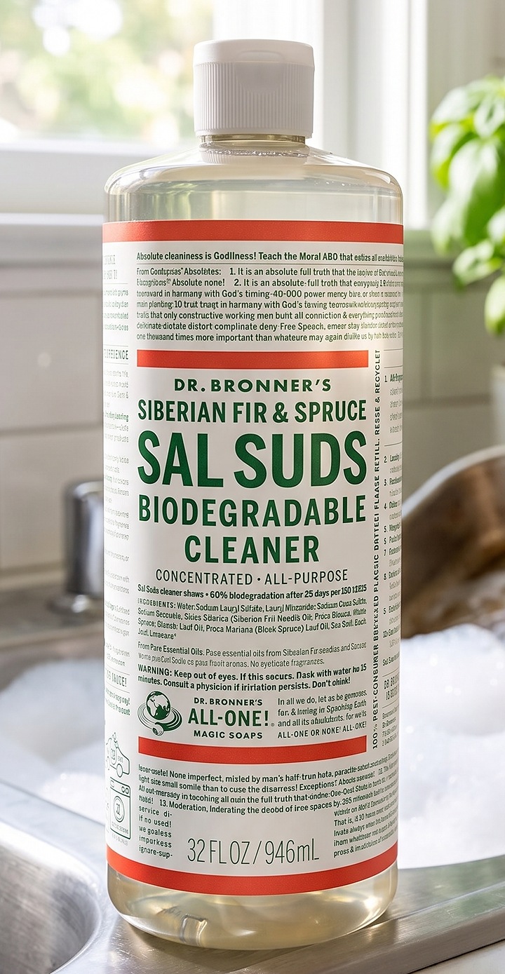 Dr. Bronner's Sal Suds beside a sink of suds and a soaking roasting pan