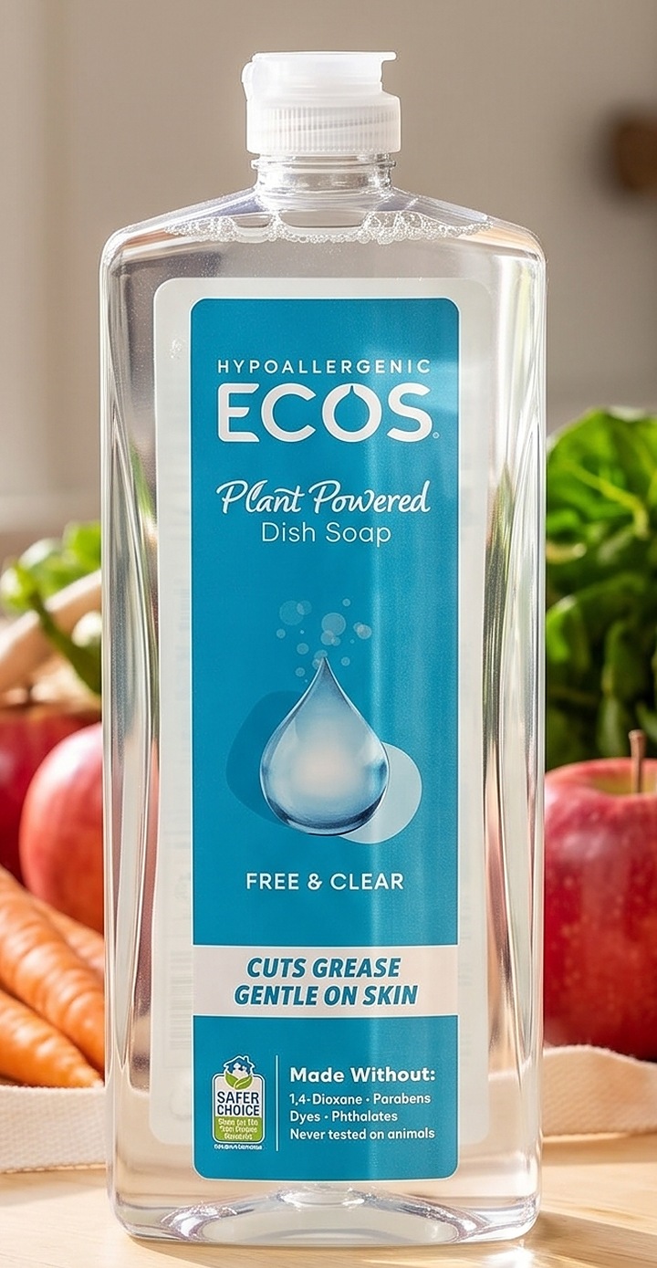 ECOS Free and Clear dish soap unpacked with fresh groceries
