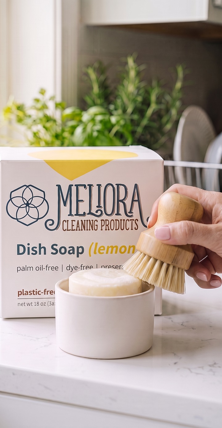 Meliora solid dish soap in a white ceramic pot with a wooden dish brush beside its box