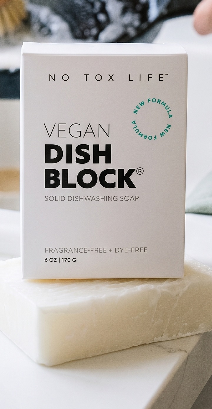No Tox Life Dish Block by a sink while a cast iron skillet is scrubbed