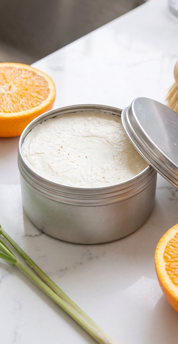 Suds and Co dish soap block in a refillable metal tin with citrus
