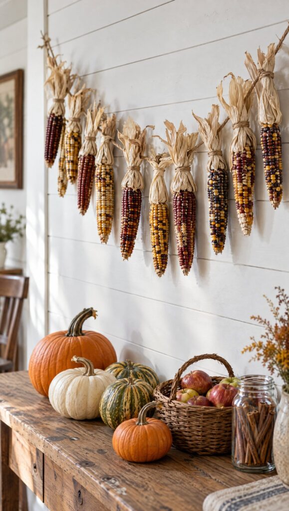 DIY fall garland made of dried Indian corn cobs tied by their husks with jute twine