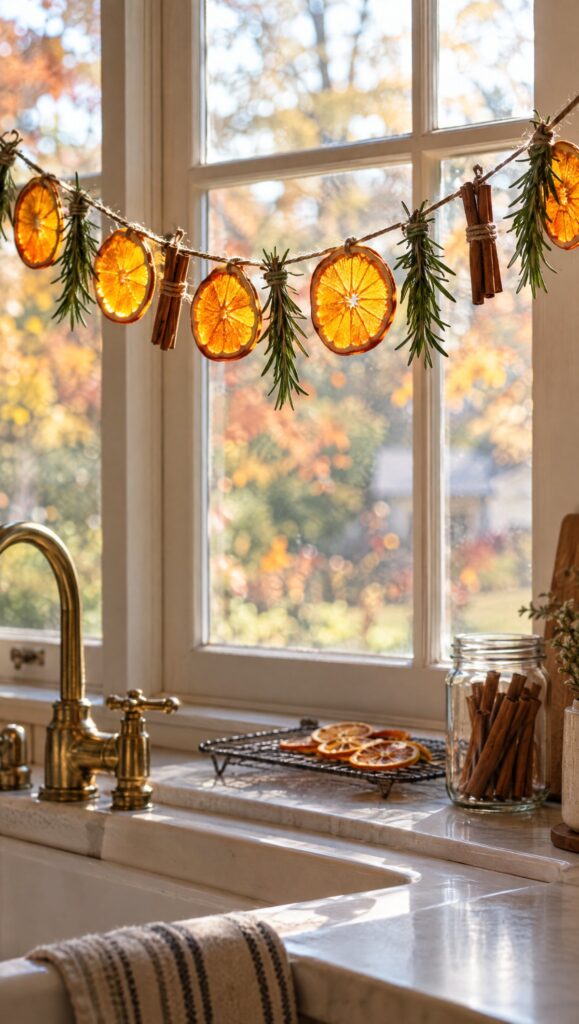 Dried orange garland with cinnamon sticks and rosemary