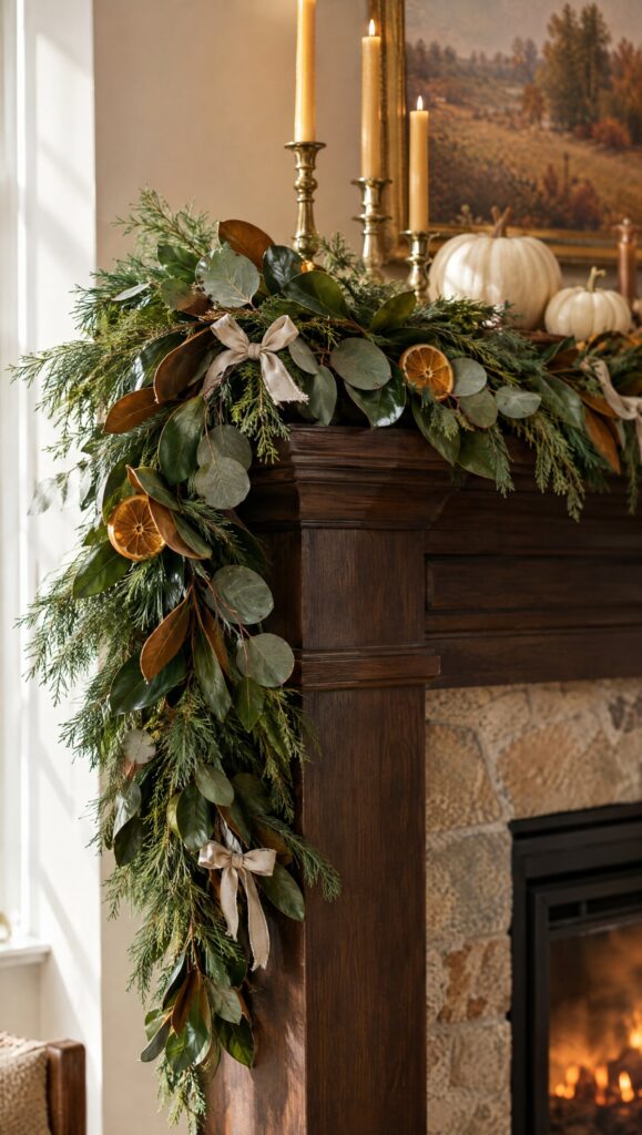 Fresh greenery garland draped across a mantel