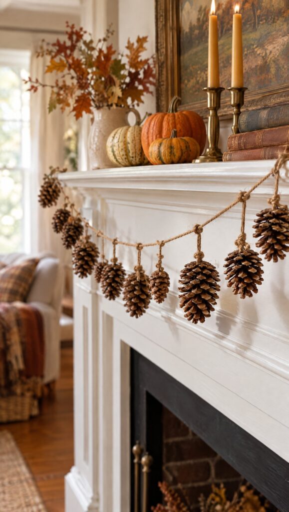 Pinecone garland tied on jute twine for Thanksgiving