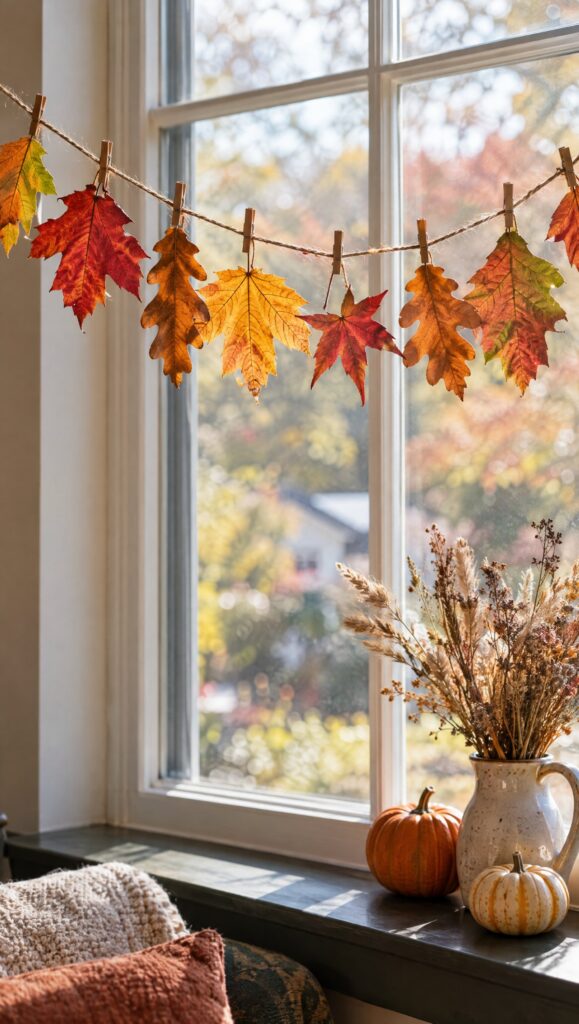 Pressed fall leaf garland clipped to jute twine