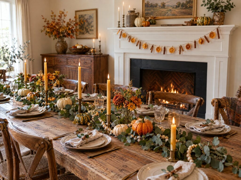 DIY fall garland ideas on a Thanksgiving table and mantel with dried oranges, eucalyptus, and wooden beads