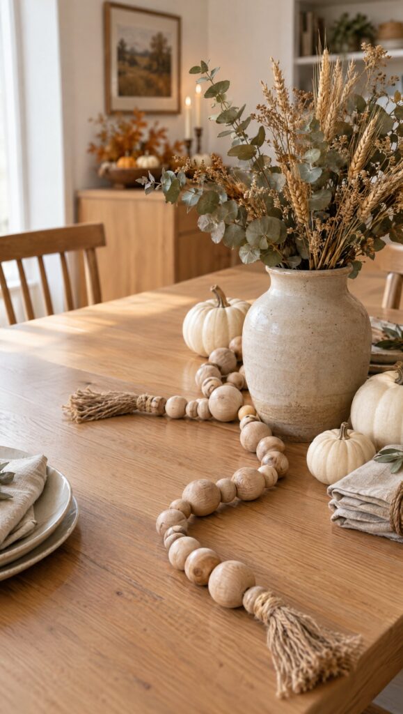 Unfinished wooden bead garland on jute twine